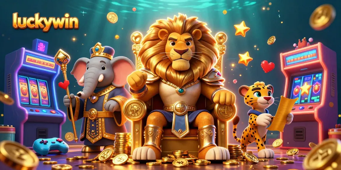 Experience the excitement of luckywin with a vivid 3D illustration featuring casino-themed characters and games.