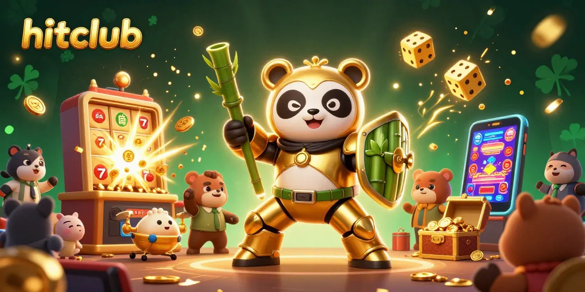 Experience hitclub's vibrant gaming scene in a dynamic 3D casino illustration with a golden panda mech.
