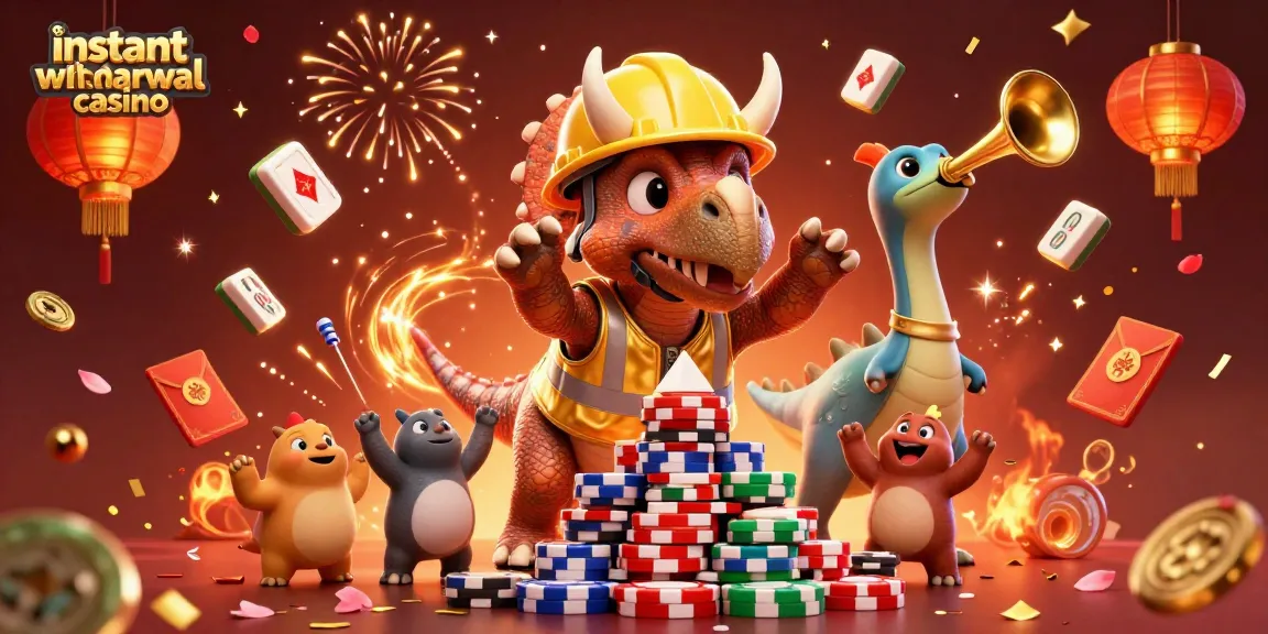 Experience instant withdrawal casino excitement with joyful dinosaurs building poker chip towers.