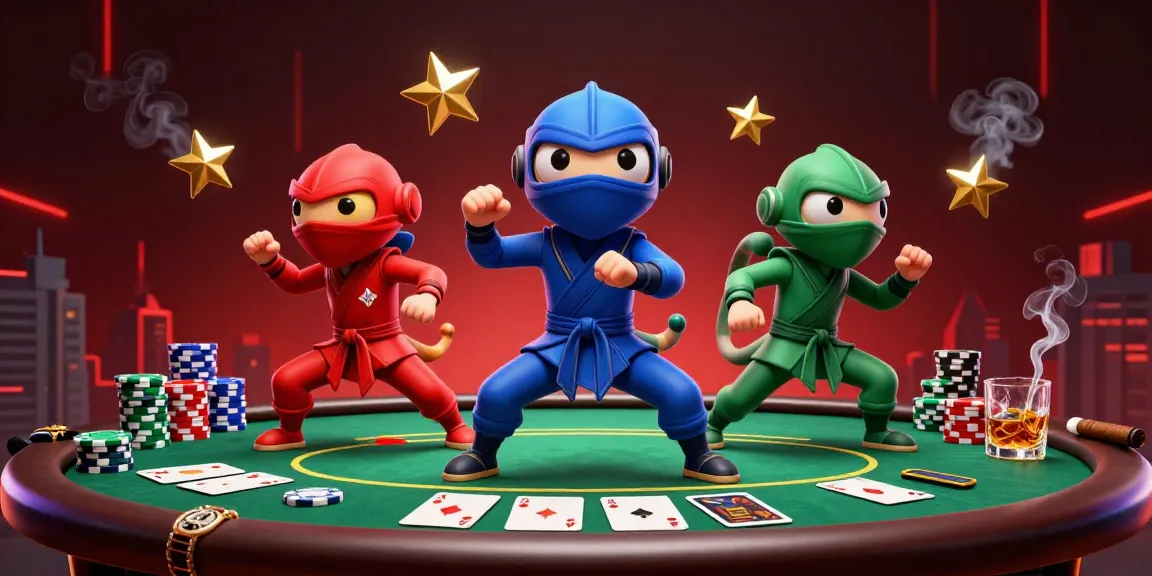 Synchronized martial arts poses of the sx88 chameleon team among poker chips and cards.